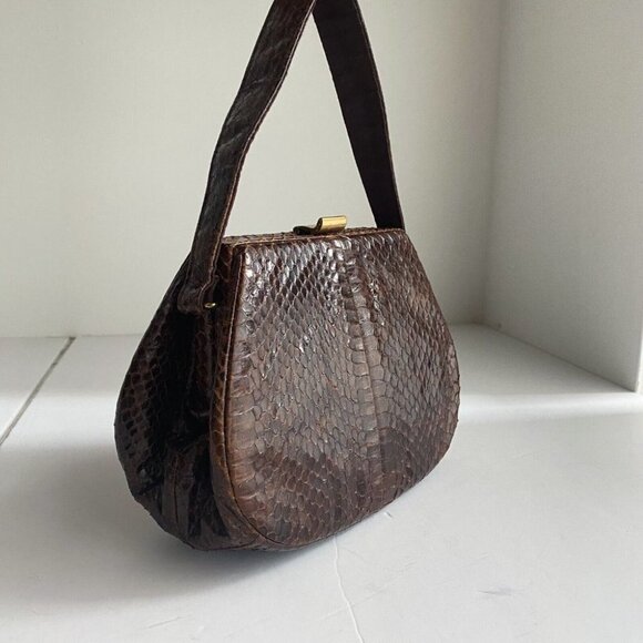 Vintage 50s 60s Brown Snakeskin Small Evening  Top Handle Purse - Picture 8 of 10